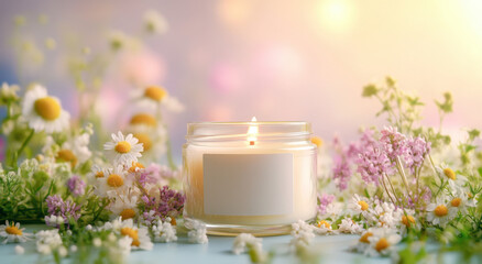 A clear glass jar sits open among a variety of colorful flowers, with a blank label facing upward. The atmosphere is calming, with soft lighting enhancing the scene’s tranquility