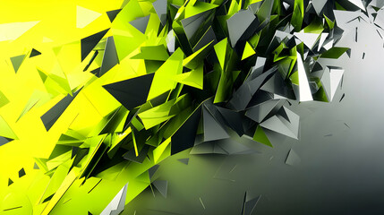 A dynamic 3D abstract artwork with a gradient of neon green and charcoal gray, highlighting sharp, angular structures