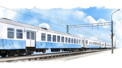 Fototapeta premium watercolor illustration of blue and white train traveling on tracks under bright blue sky with fluffy clouds
