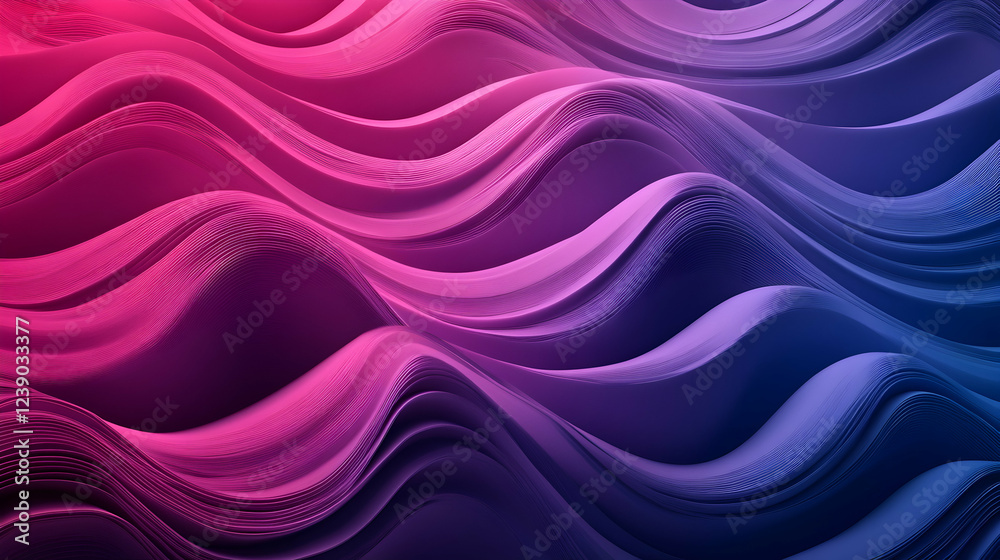 Sticker a dynamic 3d abstract wave design with a gradient of magenta and indigo, showcasing textured, layere