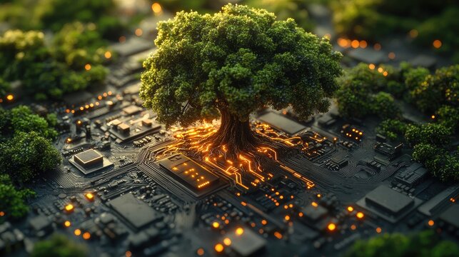 A visually striking digital artwork depicting lush green trees rising from a futuristic circuit board.