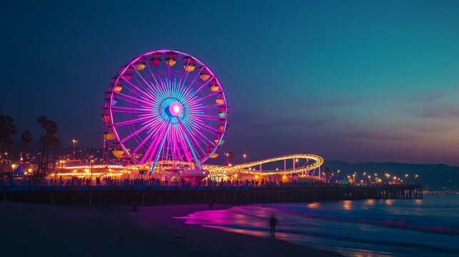 Vibrant Ferris Wheel at Sunset by Beach with Colorful Lights