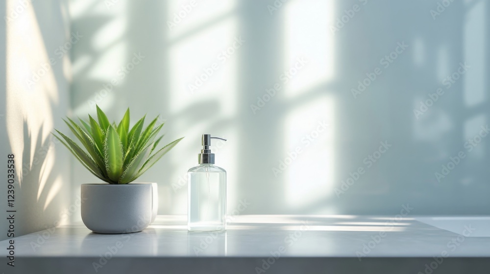 Poster bright sunlight filters through a window, showcasing a clean surface adorned with a clear bottle and