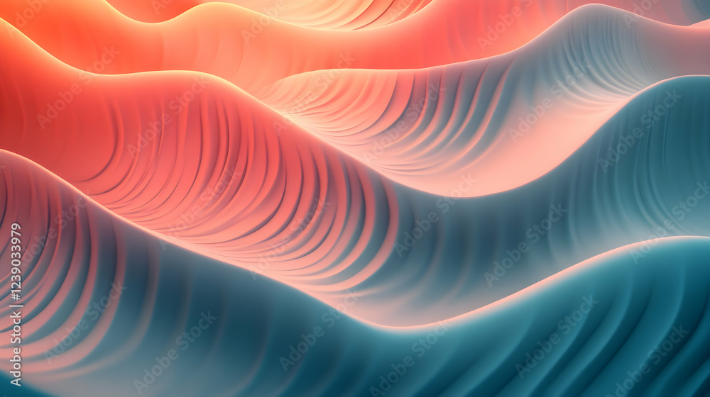 Wall mural a flowing 3d abstract wavy pattern with a gradient of turquoise and coral, featuring a grainy textur