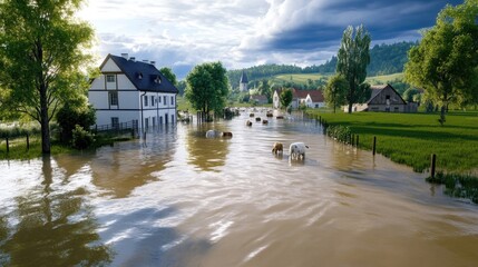 Fototapeta premium Flooded Village Landscape With Farmhouses And Cattle