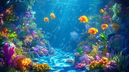Vibrant Coral Reef with Colorful Fish and Sunlight Beams Underwater