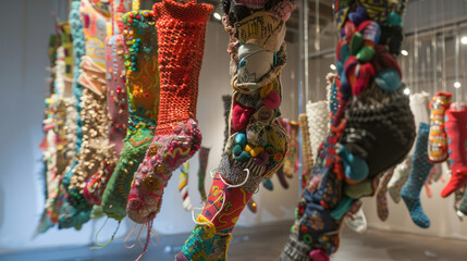 Colorful Textile Art Installation Featuring Vibrant Knitted and Crocheted Patterns in a Contemporary Gallery Setting