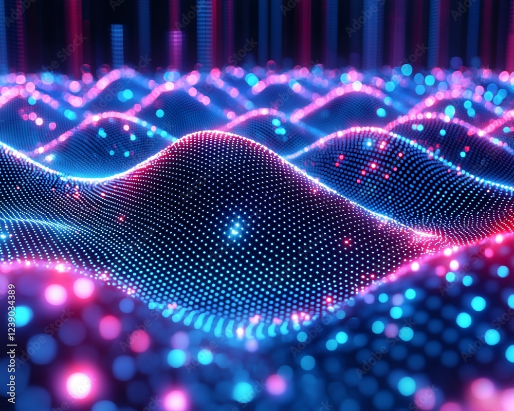 Poster abstract data wave, glowing particles, digital landscape, technology background, website header