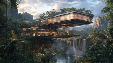Fototapeta premium Modern Tropical Waterfall Cliffside Mansion Home