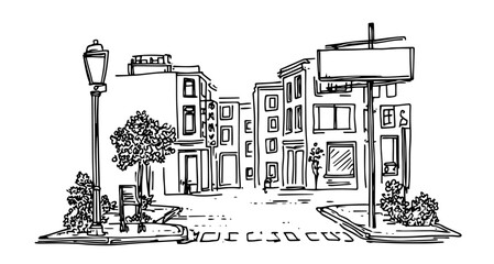 urban street scene with buildings and streetlights, hand-drawn vector illustration
