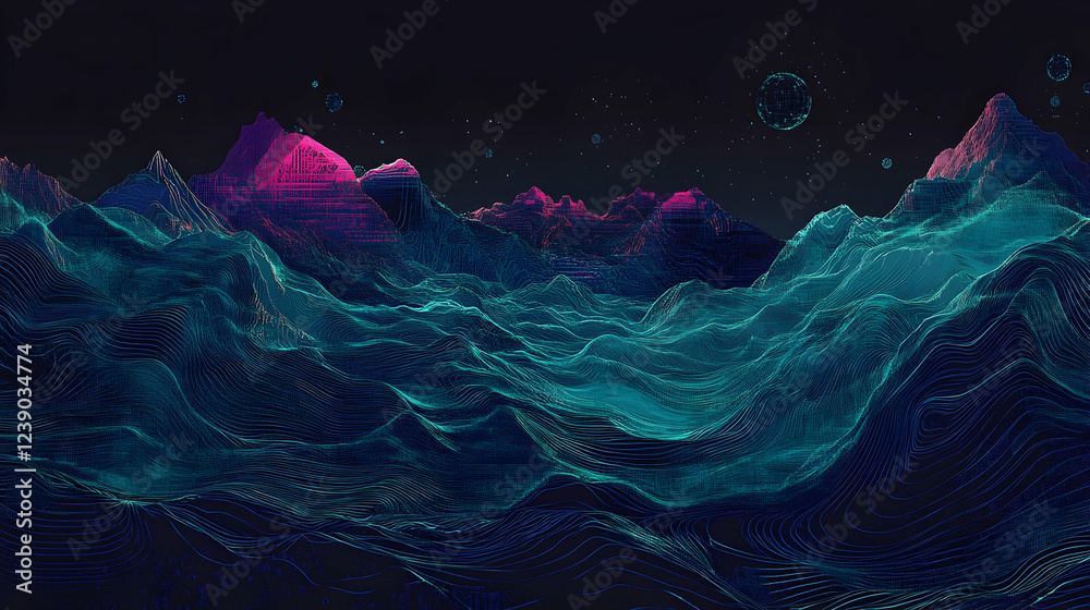 Wall mural a high-tech digital landscape with layered waveforms in deep blue and neon teal, accented by glitch 