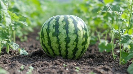 Ripe watermelon in a field.