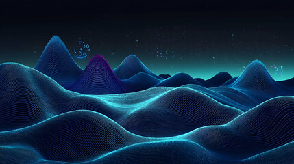 A high-tech digital landscape with layered waveforms in deep blue and neon teal, accented by glitch effects and floating binary particles