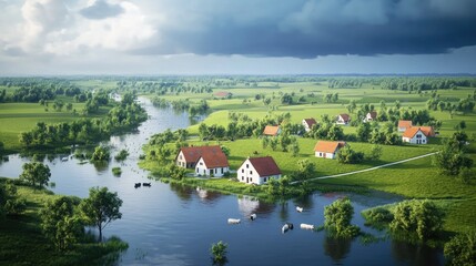 Fototapeta premium Idyllic Pastoral Scene With Houses And Cattle