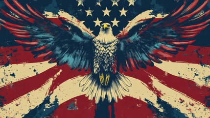 Fototapeta premium Majestic Bald Eagle Soaring Against American Flag