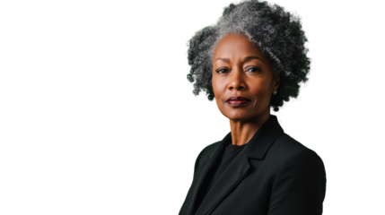 Confident senior businesswoman with grey hair posing on transparent background