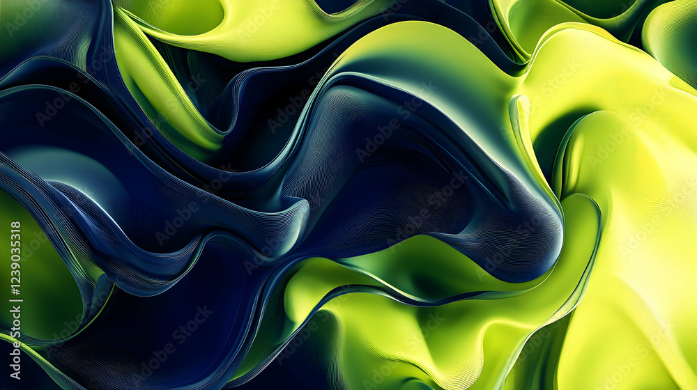 Canvas Prints a lively 3d abstract composition with a gradient of chartreuse and navy blue, showcasing swirling, f
