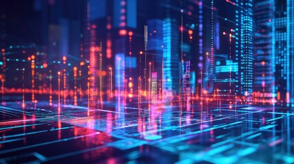 A high-tech urban skyline glowing with data visualizations, holographic elements, and sleek modern architecture.