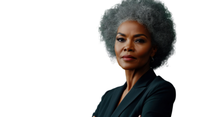 Confident senior businesswoman with folded arms on transparent background