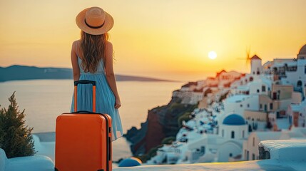 Obraz premium A joyful woman tourist with an orange suitcase, embracing the beauty of Santorini's sunset and architectural charm.