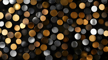 A luxurious 3D design with metallic dots in gold, silver, and bronze, layered elegantly against a black background for a rich texture