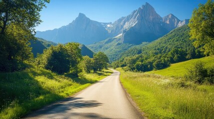 Naklejka premium A narrow paved road leads to the majestic Pedraforca mountain, surrounded by lush greenery under a clear blue sky in Catalonia, Spain.