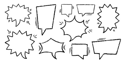 Crayon Speech Bubbles Vector Set. Chalk Scribble Talking Clouds Shapes Collection. Black Hand Drawn Brush Texture Dialogue Frames. Pencil Emphasis Elements Charcoal Doodle Talk Balloons Bundle