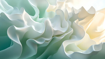 Obraz premium A serene 3D abstract design with a gradient of mint green and white, incorporating organic, flowing shapes and soft lighting