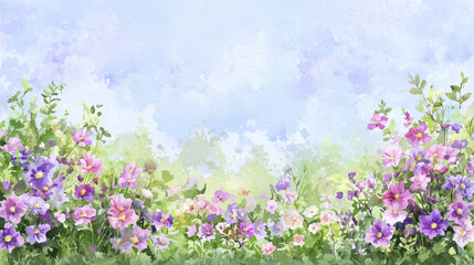 Fototapeta premium vibrant watercolor illustration of blooming flowers in various colors, creating serene and cheerful atmosphere