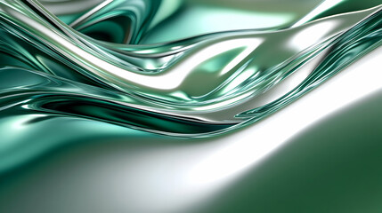 A sleek 3D abstract background with a gradient of emerald green and silver, highlighted by smooth, reflective surfaces