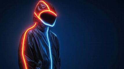Futuristic Figure in Neon Lit Jacket Against Dark Background