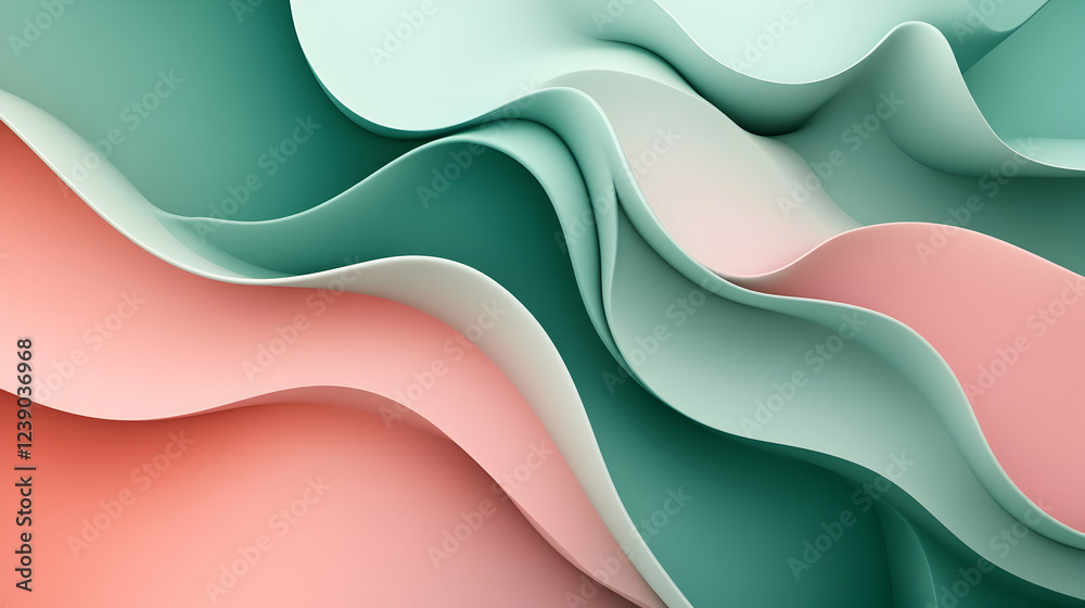 Canvas Prints a sophisticated 3d abstract wavy design with a gradient of emerald green and soft pink, featuring sm