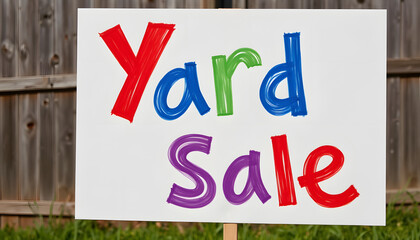 Colorful yard sale sign against wooden fence