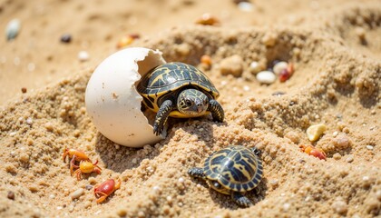 Hatching turtles emerging from eggs on sandy beach