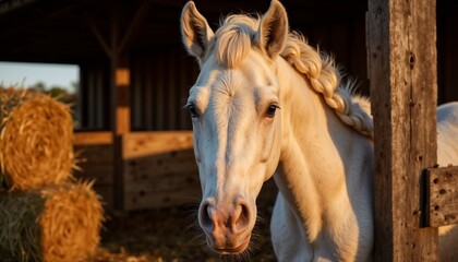Obraz premium White horse peering out from stable beside hay bales