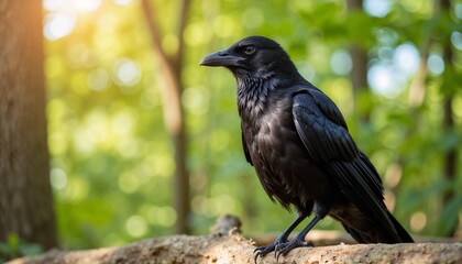 Fototapeta premium Black raven perched on log in forest