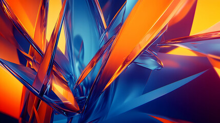 A vibrant 3D abstract artwork with a gradient of electric blue and orange, featuring sharp, angular structures and glowing highlights