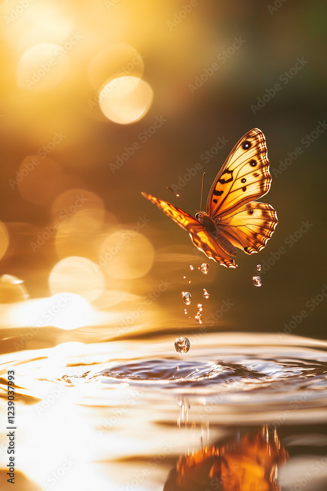 Poster a butterfly flying above the water surface with droplets splashing beneath it, creating a dreamy and