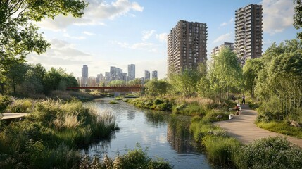 Obraz premium A serene view of Limmo Peninsula Ecological Park and Bow Creek, blending urban skyscrapers with lush biodiversity in London, UK.