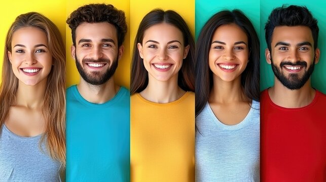 Diverse group of smiling young adults wearing colorful shirts