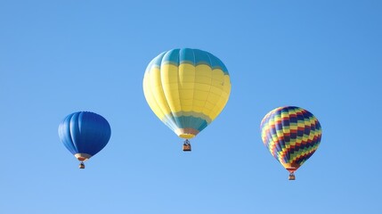 Naklejka premium Colorful hot air balloons float against a clear blue sky. Travel photography