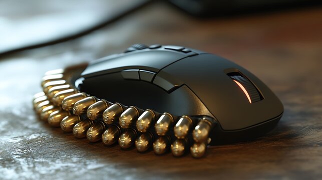 A modern cordless computer mouse with shells belt for machine gun