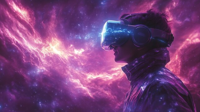 Virtual Reality Exploration in a Futuristic Cosmic Metaverse with Neon Art Elements and Dynamic Light Effects