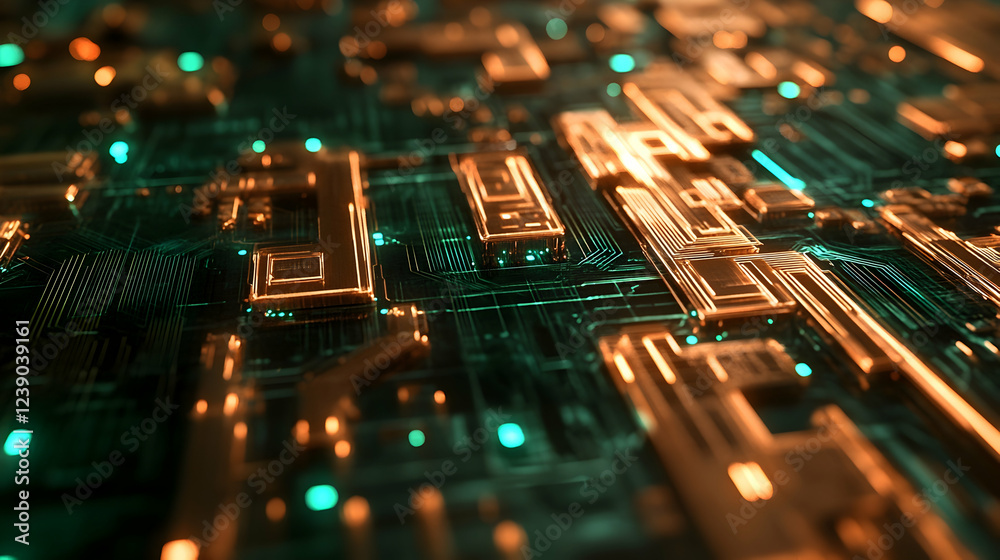 Wall mural abstract circuit lines in copper and emerald, tech-inspired and intricate
