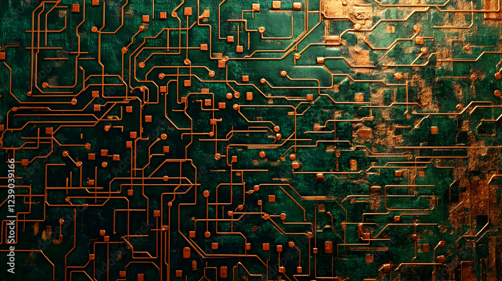 Wall mural abstract circuit lines in copper and emerald, tech-inspired and intricate