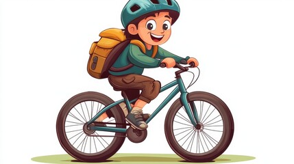 Happy Child Riding Bicycle with Backpack and Helmet in Park
