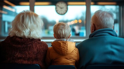 A heartwarming image showing a child nestled between grandparents, symbolizing love and generational connection in a cozy, vibrant waiting area.