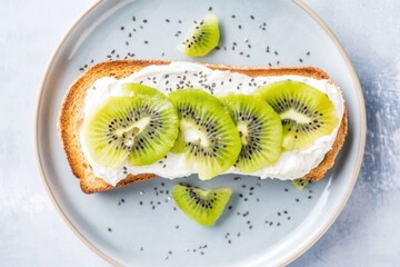 Delicious toast topped with cashew cream and fresh kiwi slices