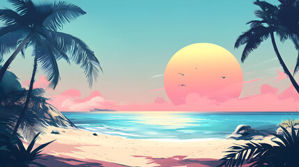 An illustration of a beach scene at sunset