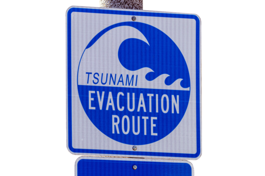Tsunami Evacuation Route sign, isolated on white or transparent background 